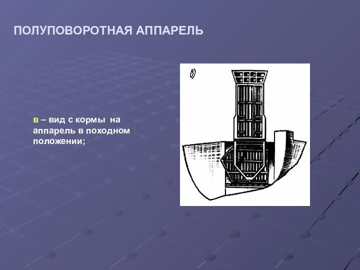 ПОЛУПОВОРОТНАЯ АППАРЕЛЬ в – вид с кормы на аппарель в походном положении;