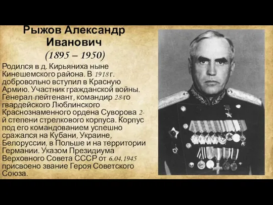 Рыжов Александр Иванович (1895 – 1950) Родился в д. Кирьяниха ныне