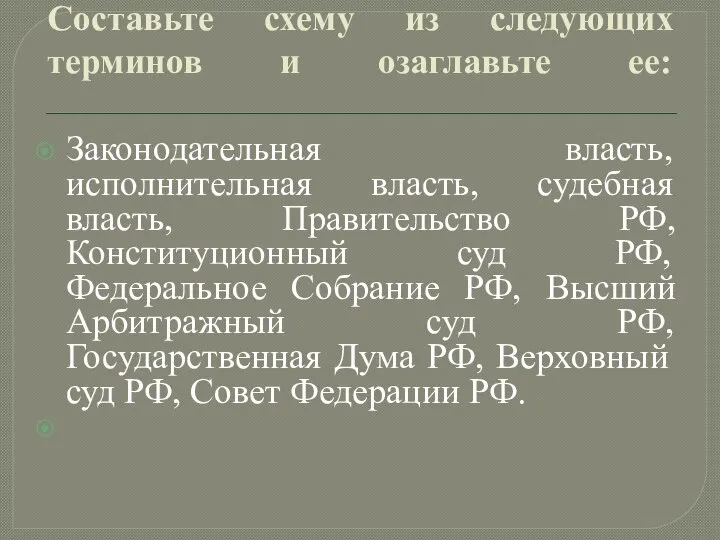 Составьте схему из следующих терминов и озаглавьте ее: Законодательная власть, исполнительная