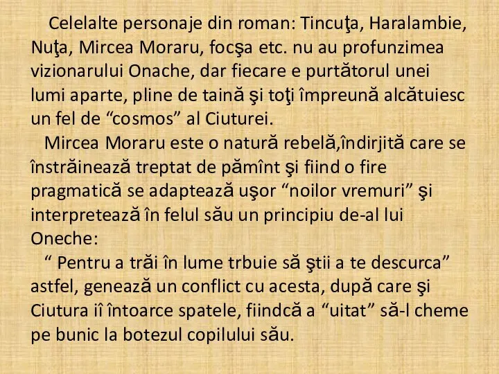 Celelalte personaje din roman: Tincuţa, Haralambie, Nuţa, Mircea Moraru, focşa etc.