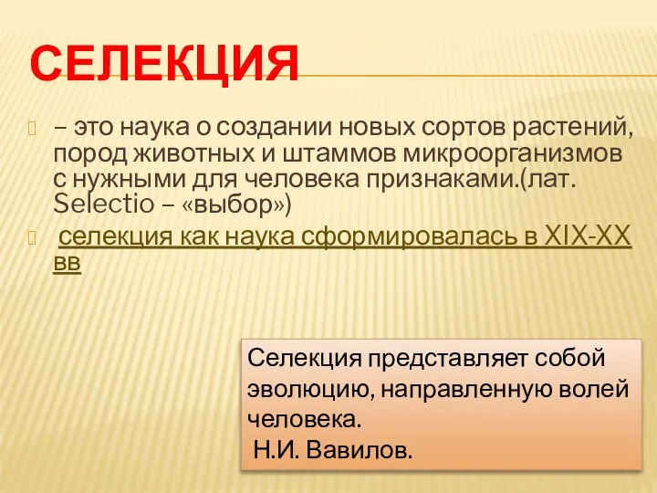 СЕЛЕКЦИЯ – это наука о создании новых сортов растений, пород животных