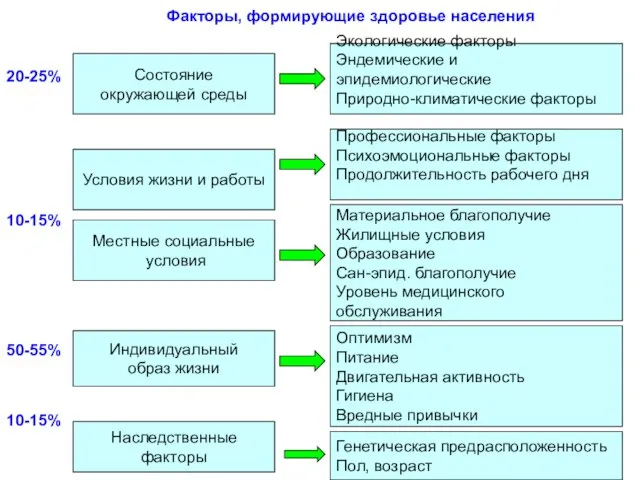 Факторы, формирующие здоровье населения Состояние окружающей среды Условия жизни и работы