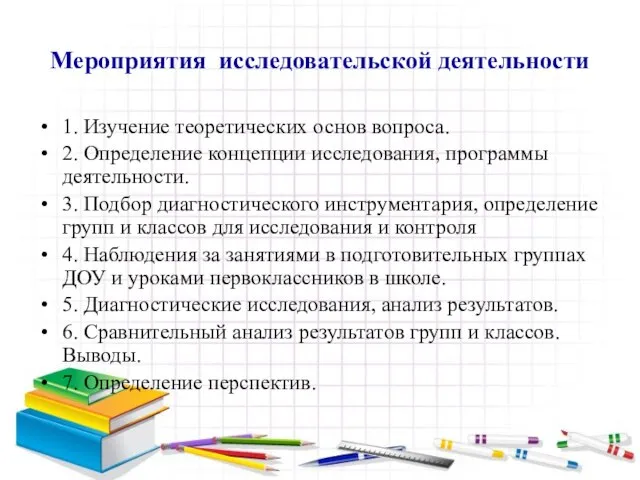 Мероприятия исследовательской деятельности 1. Изучение теоретических основ вопроса. 2. Определение концепции