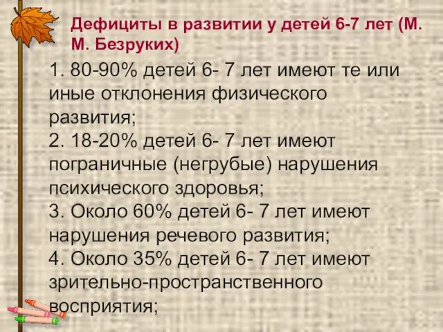 Дефициты в развитии у детей 6-7 лет (М.М. Безруких) 1. 80-90%