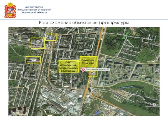 Министерство имущественных отношений Московской области Расположение объектов инфраструктуры Городская больница ОАО «Щербинский лифтостроительный завод»