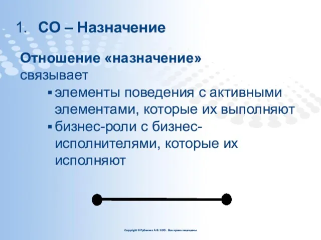 СО – Назначение Отношение «назначение» связывает элементы поведения с активными элементами,