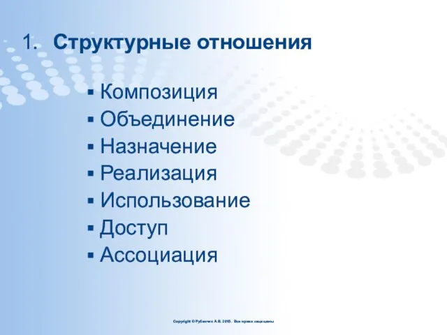 Структурные отношения Композиция Объединение Назначение Реализация Использование Доступ Ассоциация Copyright ©