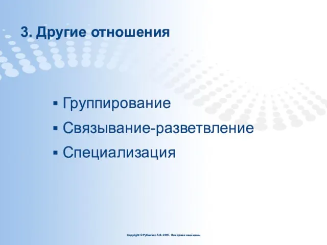 3. Другие отношения Группирование Связывание-разветвление Специализация Copyright © Рубенчик А.В. 2015. Все права защищены