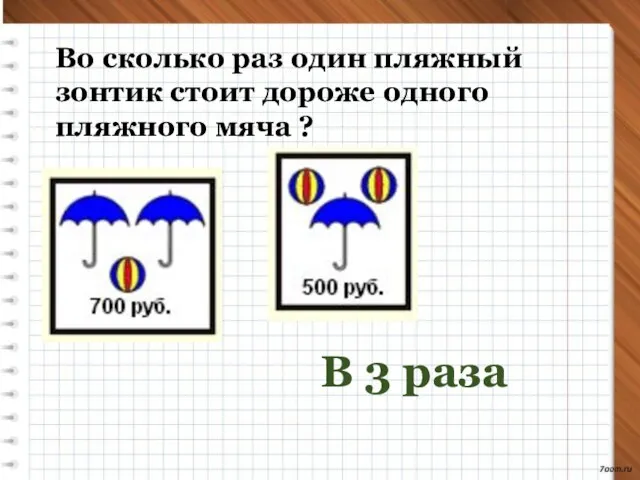 Во сколько раз один пляжный зонтик стоит дороже одного пляжного мяча ? В 3 раза