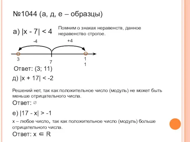 №1044 (а, д, е – образцы) а) |х - 7| 7