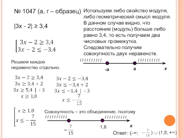 № 1047 (а, г – образец) |3x - 2| ≥ 3,4