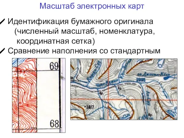 Масштаб электронных карт Идентификация бумажного оригинала (численный масштаб, номенклатура, координатная сетка) Сравнение наполнения со стандартным