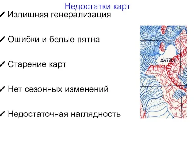 Недостатки карт Излишняя генерализация Ошибки и белые пятна Старение карт Нет сезонных изменений Недостаточная наглядность