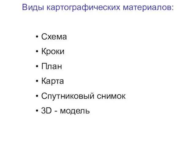 Виды картографических материалов: Схема Кроки План Карта Спутниковый снимок 3D - модель