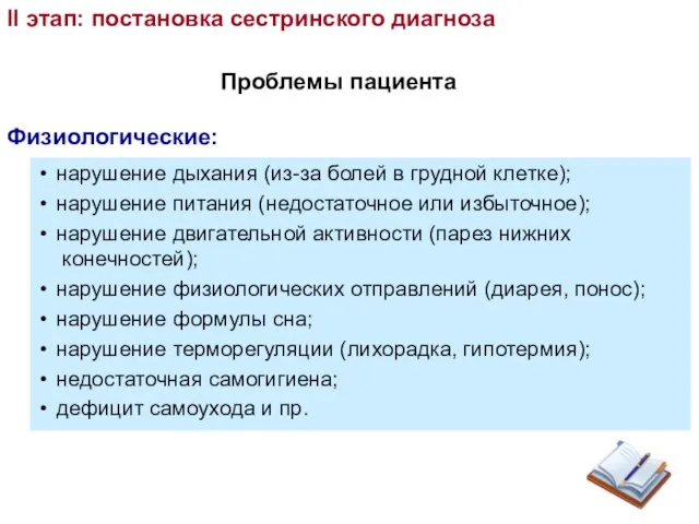 II этап: постановка сестринского диагноза Физиологические: нарушение дыхания (из-за болей в