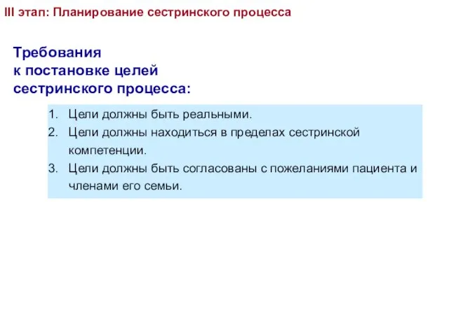 III этап: Планирование сестринского процесса Цели должны быть реальными. Цели должны