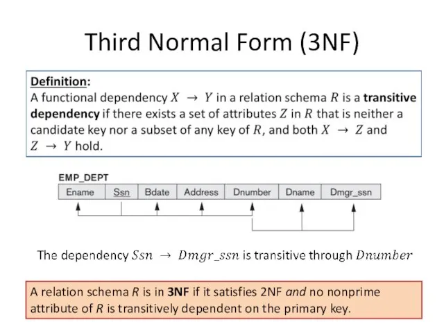 Third Normal Form (3NF) A relation schema R is in 3NF