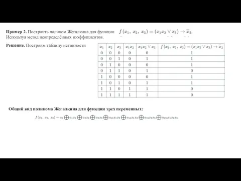 Пример 2. Построить полином Жегалкина для функции Используя метод неопределённых коэффициентов.