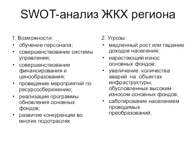 SWOT-анализ ЖКХ региона 1. Возможности: обучение персонала; совершенствование системы управления; совершенствование