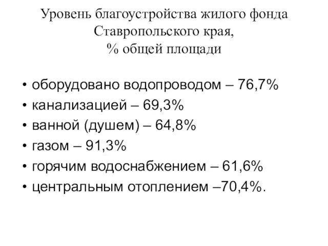 Уровень благоустройства жилого фонда Ставропольского края, % общей площади оборудовано водопроводом