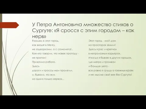 У Петра Антоновича множество стихов о Сургуте: «Я сросся с этим