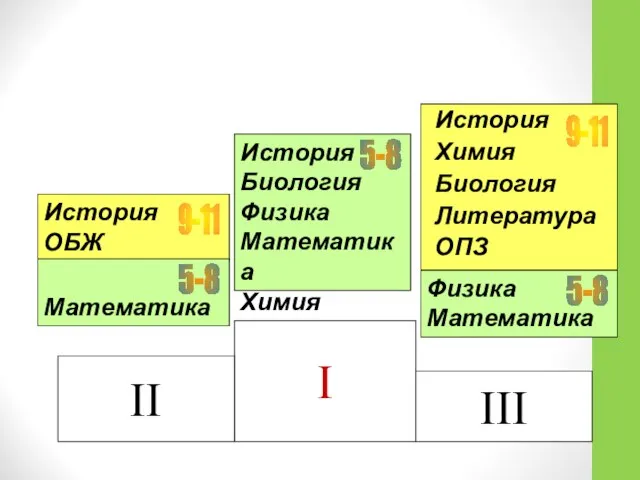 История Химия Биология Литература ОПЗ I II III История Биология Физика