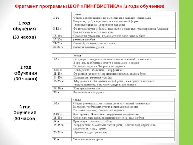 1 год обучения (30 часов) 2 год обучения (30 часов) 3