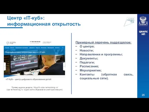 Центр «IT-куб»: информационная открытость Примерный перечень подразделов: О центре; Новости; Направления