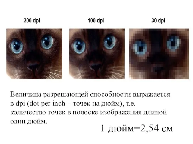 1 дюйм=2,54 см Величина разрешающей способности выражается в dpi (dot per