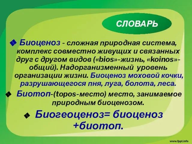 Биоценоз - сложная природная система, комплекс совместно живущих и связанных друг