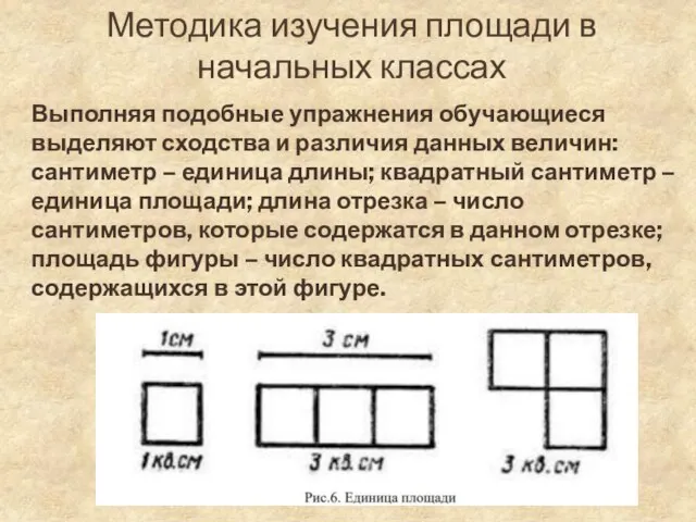 Методика изучения площади в начальных классах Выполняя подобные упражнения обучающиеся выделяют