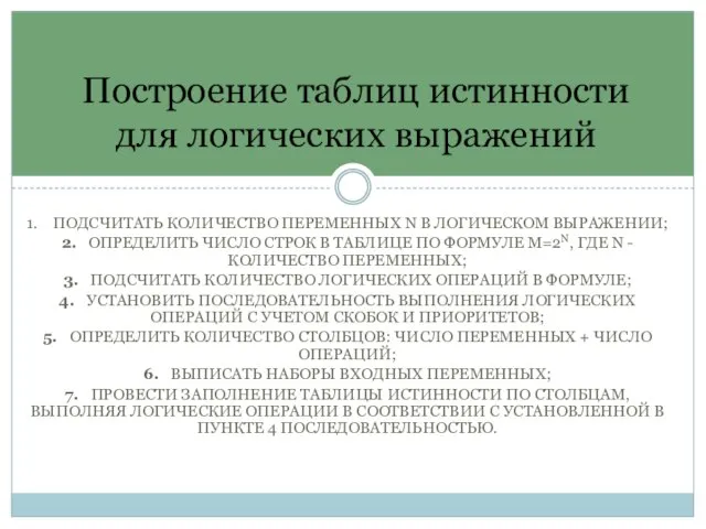 1. ПОДСЧИТАТЬ КОЛИЧЕСТВО ПЕРЕМЕННЫХ N В ЛОГИЧЕСКОМ ВЫРАЖЕНИИ; 2. ОПРЕДЕЛИТЬ ЧИСЛО