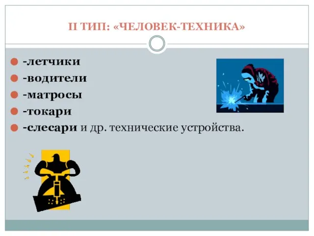 II ТИП: «ЧЕЛОВЕК-ТЕХНИКА» -летчики -водители -матросы -токари -слесари и др. технические устройства.