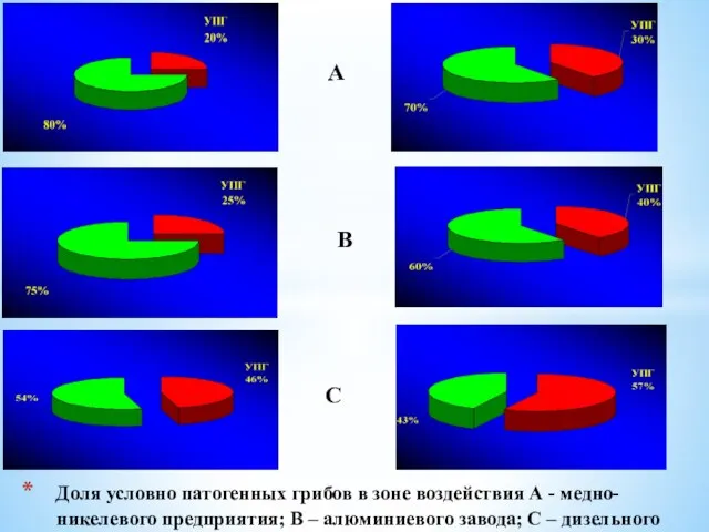 Доля условно патогенных грибов в зоне воздействия А - медно-никелевого предприятия;