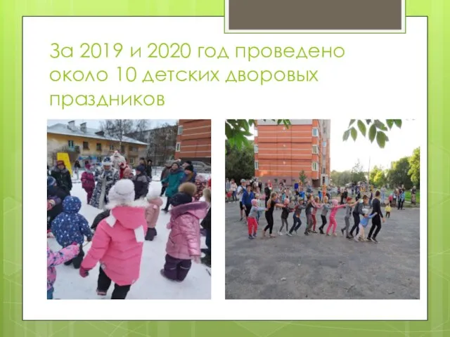 За 2019 и 2020 год проведено около 10 детских дворовых праздников