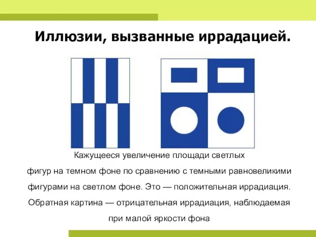 Иллюзии, вызванные иррадацией. Кажущееся увеличение площади светлых фигур на темном фоне