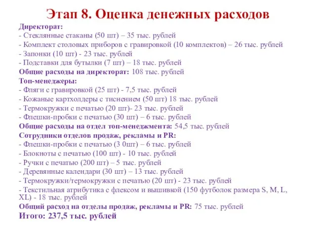 Этап 8. Оценка денежных расходов Директорат: - Стеклянные стаканы (50 шт)