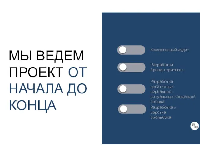 МЫ ВЕДЕМ ПРОЕКТ ОТ НАЧАЛА ДО КОНЦА Комплексный аудит Разработка бренд-стратегии