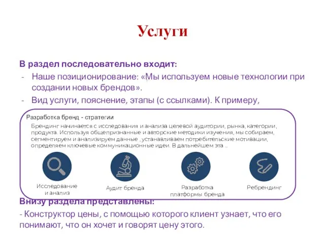 Услуги В раздел последовательно входит: Наше позиционирование: «Мы используем новые технологии