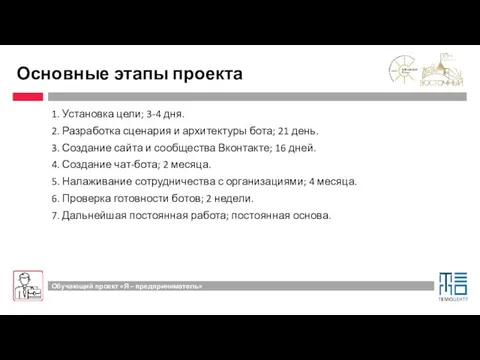 Основные этапы проекта 1. Установка цели; 3-4 дня. 2. Разработка сценария