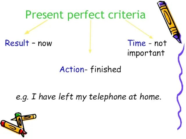 Present perfect criteria Result – now Time - not important Action-