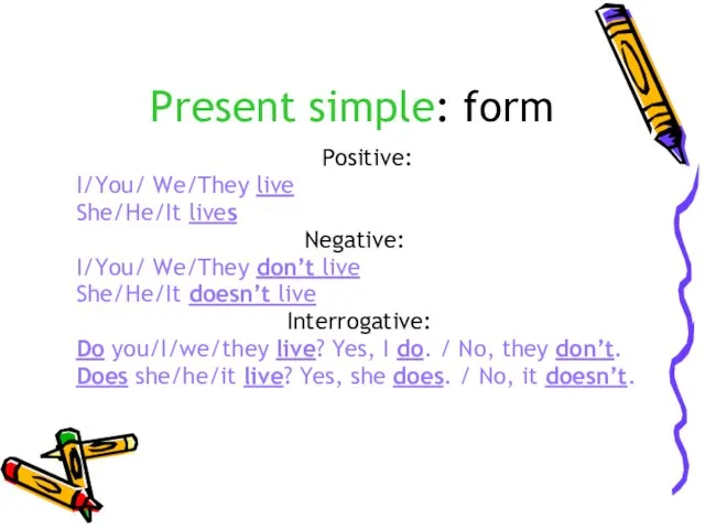 Present simple: form Positive: I/You/ We/They live She/He/It lives Negative: I/You/