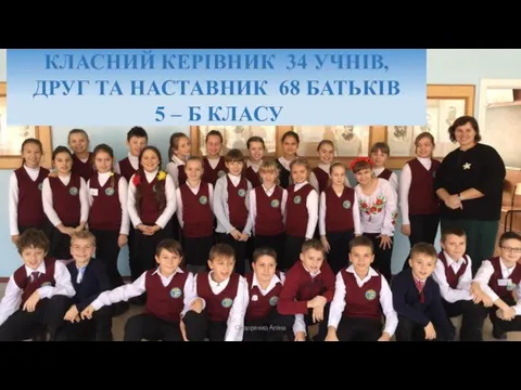 КЛАСНИЙ КЕРІВНИК 34 УЧНІВ, ДРУГ ТА НАСТАВНИК 68 БАТЬКІВ 5 – Б КЛАСУ Сидоренко Аліна