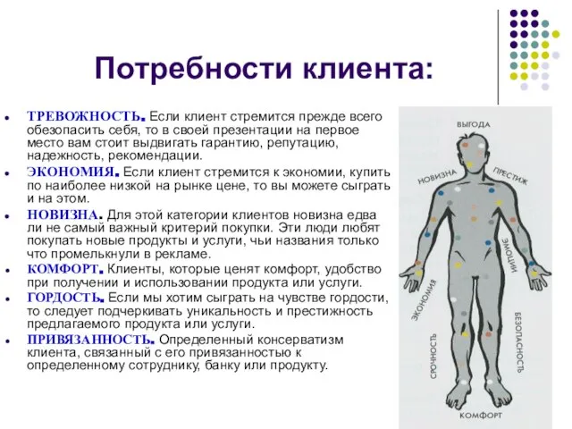 Потребности клиента: ТРЕВОЖНОСТЬ. Если клиент стремится прежде всего обезопасить себя, то