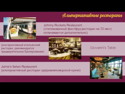 Альтернативные рестораны Johnny Rockets Restaurant (стилизованный фастфуд-ресторан на 72 мест, оплачивается