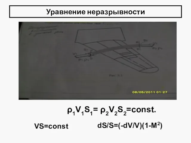 Уравнение неразрывности VּS=const ρ1ּV1ּS1= ρ2ּV2ּS2=const. dS/S=(-dV/V)ּ(1-M2)