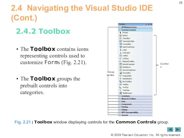 2.4 Navigating the Visual Studio IDE (Cont.) 2.4.2 Toolbox The Toolbox