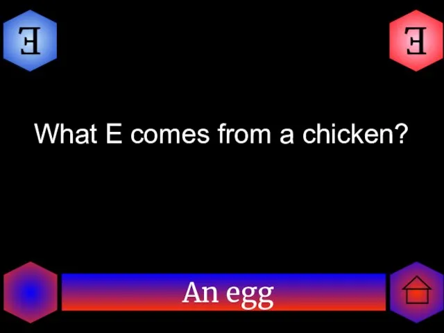 An egg E E What E comes from a chicken?