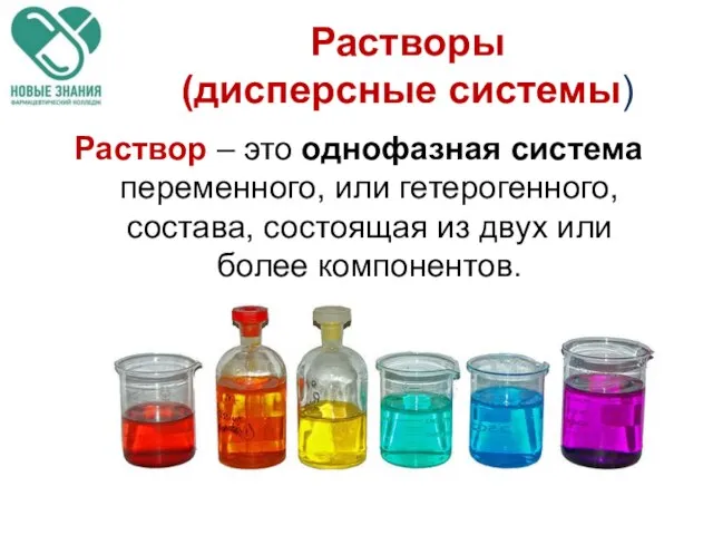 Растворы (дисперсные системы) Раствор – это однофазная система переменного, или гетерогенного,