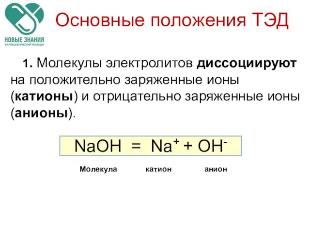 Основные положения ТЭД 1. Молекулы электролитов диссоциируют на положительно заряженные ионы